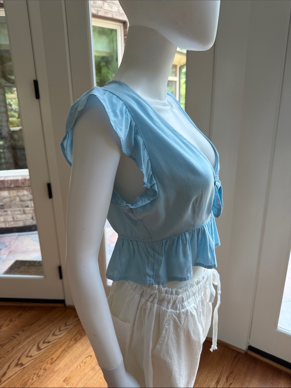 Roxy Light Blue Tie-Front Ruffle Crop Top - Picture 5 of 8